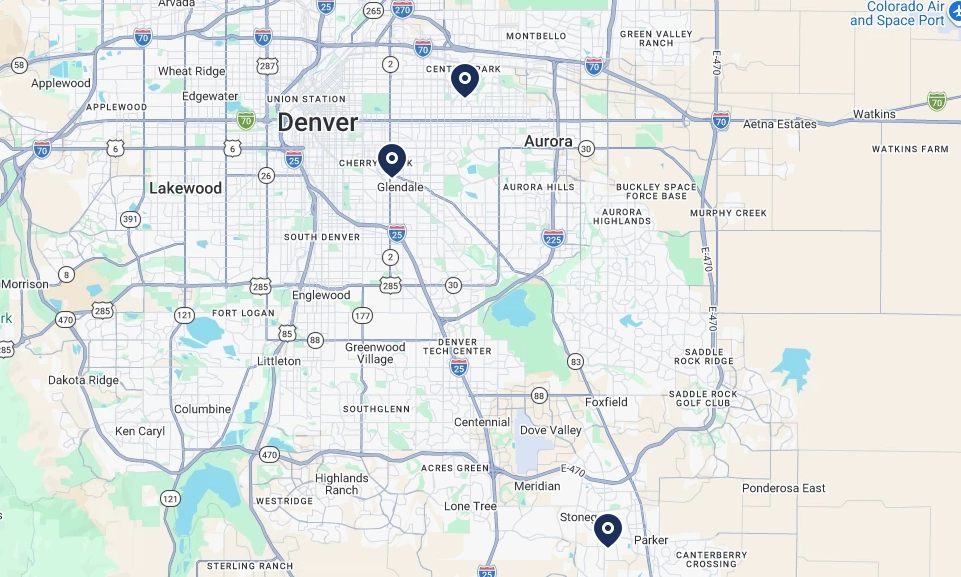 Colorado Oral Surgery locations map — Cherry Creek, Central Park, and Parker